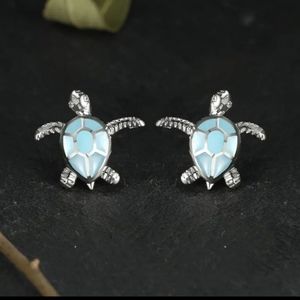 NEW silver tone & light blue shell sea turtle small stud earrings